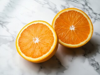 Close-up of an orange cut in half, resting on a marble surface with soft natural lighting