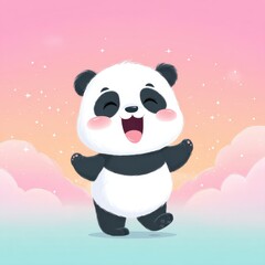 Naklejka premium Happy cartoon panda dancing joyfully in a colorful sky with pastel clouds
