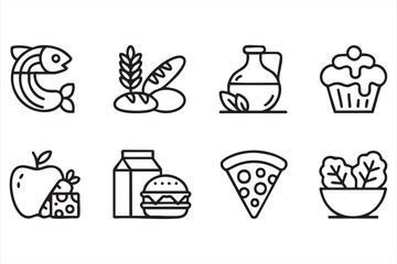 Food and Drink Line Icons Set with Pizza Salad Fish Milk and Dessert Symbols