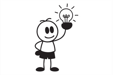 Cartoon Stick Figure Character Holding Light Bulb for Business Creativity