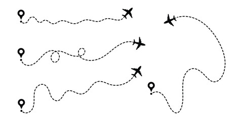 Airplane line path route travel vector concept. Simple airplane travel line path with map pins. Air plane routes dotted paths aircraft travel route start point flight destination black airplane.