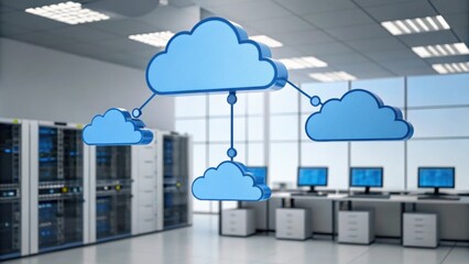 A modern data center with cloud computing symbols, showcasing servers and workstations in a sleek, organized environment.