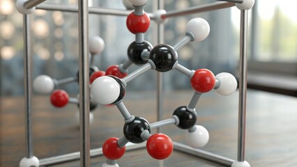 A 3D molecular structure model with colored atoms representing various elements, showcasing a scientific theme in a modern setting.