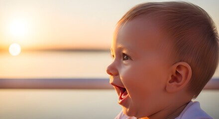 A happy child laughs with his mouth open against the backdrop of the sunset.