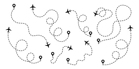 Airplane line path route travel vector concept. Simple airplane travel line path with map pins. Air plane routes dotted paths aircraft travel route start point flight destination black airplane.