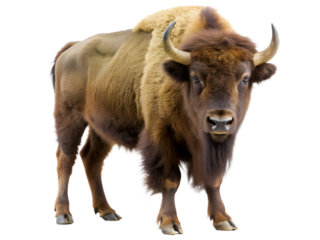 Majestic american bison standing isolated on transparent background, a powerful symbol of the wild west with its thick fur, imposing horns, and muscular build