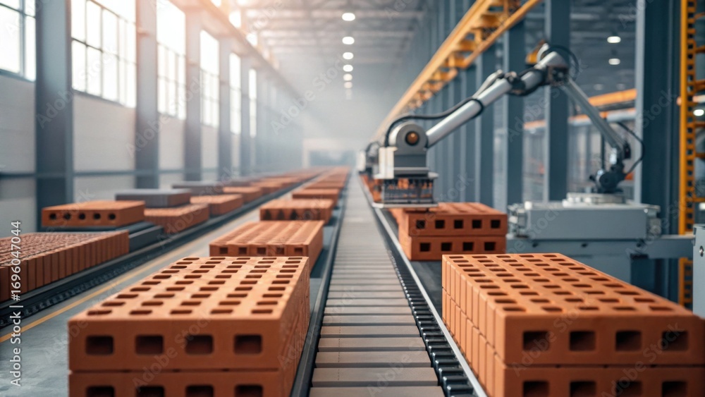 Poster a robotic arm moves bricks along a conveyor belt in a modern factory setting, showcasing automation 
