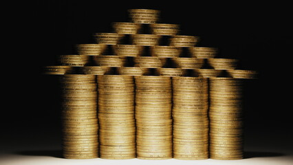 Imaginary bank or structure assembled from coins of golden color