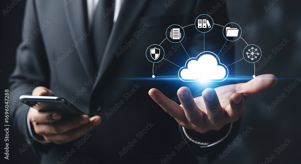 Poster businessman holding cloud computing technology digital data network storage server smartphone mobile