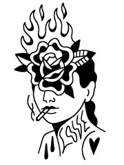 Vintage smoking woman with a burning rose