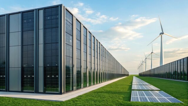 A modern data center with sleek architecture, solar panels, and wind turbines, highlighting sustainable energy practices against a clear sky.