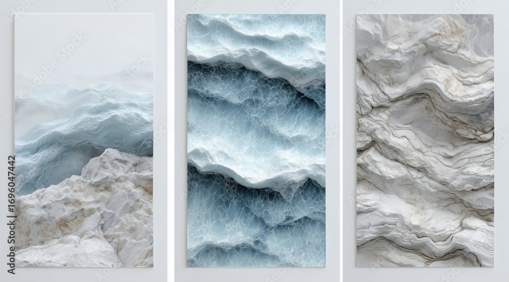 Poster abstract triptych of textured surfaces: an artistic display of textures, where the eye is invited to