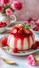 Delicious panna cotta with berry coulis, fresh fruits, and mint leaves for a perfect dessert treat.