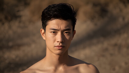 Young Asian man with defined facial features, smooth skin, and expressive dark eyes, standing outdoors with soft shadows cast across his face, emphasizing the contours of his cheekbones and jawline