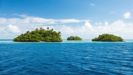 Obraz premium A serene landscape featuring small tropical islands surrounded by clear blue waters and fluffy clouds under a bright sky.
