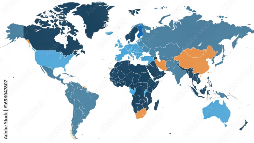 Poster a world map illustrating various regions in different shades, likely representing data or statistics