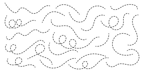 Hand drawn squiggle loopy line vector icon, abstract curved dotted line, abstract hand drawn dotted line collection. Dotted spiral curve line. Hand drawn curly border. Long squiggle dashed vector