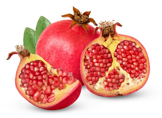 Fresh pomegranate with cut in half with green leaf isolated.
