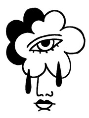Cloud face with crying eye in traditional tattoo style