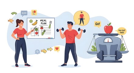 Achieving wellness goals through a balanced lifestyle, featuring a nutritionist guiding a meal plan and a man exercising with dumbbells for optimal health