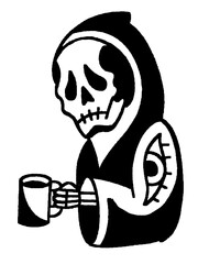 Grim reaper with a coffee mug illustration.