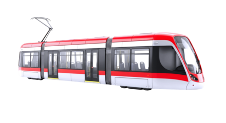 modern red city tram detailed 3d model for urban transit designs, isolated on transparent background