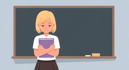 Upset Student Girl Crying in Classroom School Blackboard Education Sadness