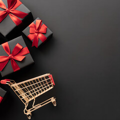 Black Gift Boxes with Red Ribbons and Gold Shopping Cart
