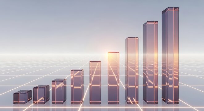 3d glass bar graph showing upward trend on a grid background