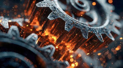 Close-up of industrial gears rotating and generating sparks