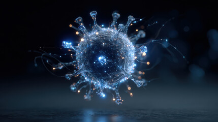 Coronavirus particle floating over dark background emitting blue light