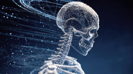 Digital skull rotating with glowing particles flowing around