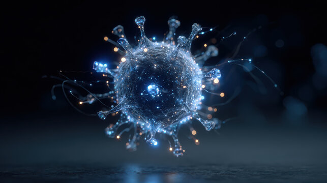 Coronavirus particle floating over dark background emitting blue light - Powered by Adobe
