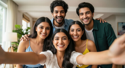 young indian friends taking selfie together at home