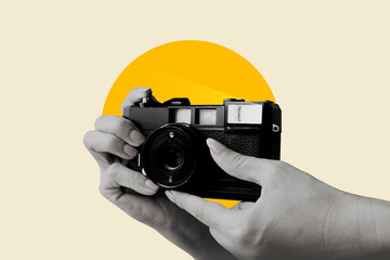 Hand holding retro camera world of photography, vintage camera, travel camera, streaming, influencers. Art collage digital pop modern art