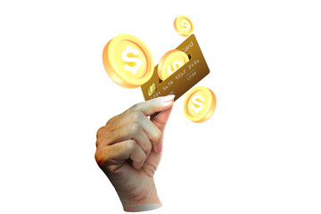 Contemporary hands holding of buyers paying money from debit card receive bonus isolated on white background. Art collage digital pop modern art