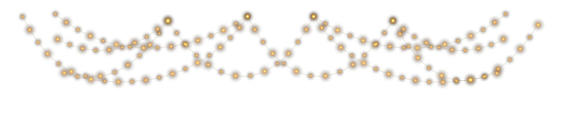 Decorative string lights PNG. Glowing Christmas fairy garland with warm yellow lamps on transparent background. Festive holiday lights for party, wedding, New Year, night event decoration design.