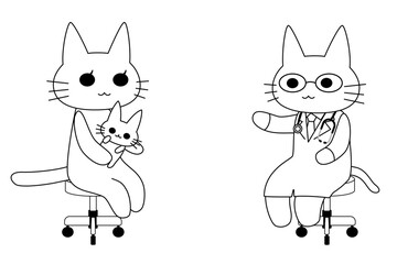 Fototapeta premium 診察を受ける母猫と子猫キャラクターのイラスト