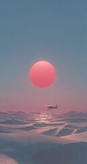 Pastel desert sunset with airplane