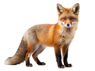 Fototapeta premium Beautiful red fox standing isolated on transparent background, looking at the camera, wild animal, wildlife, studio shot, full length, portrait