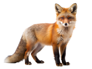 Beautiful red fox standing isolated on transparent background, looking at the camera, wild animal, wildlife, studio shot, full length, portrait