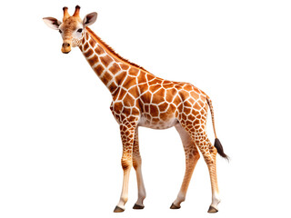 Obraz premium Giraffe standing isolated on transparent background, showcasing its distinctive coat pattern and graceful posture in a captivating wildlife portrait