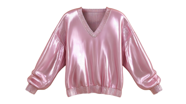 Pink shiny metallic folded sweater with soft fabric texture stylish clothing garment for fashion winter outfit isolated on white background
