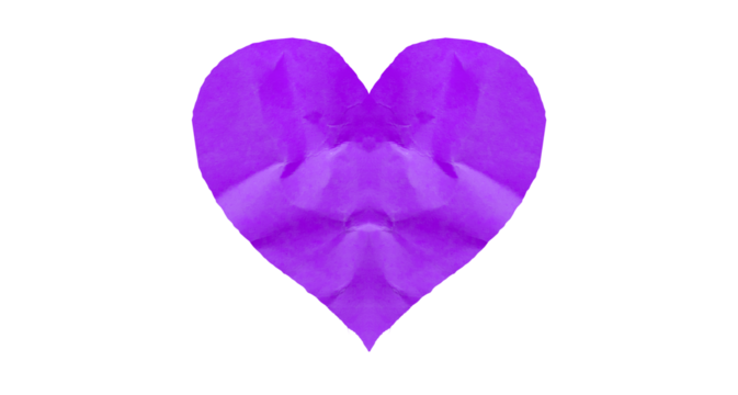 Purple heart symbol with crumpled paper texture isolated on transparent background.