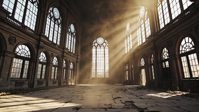 Sunlight beams through gothic window into abandoned hall. Dust fills interior space. Architecture details of ruin hall with dust in air. Beam of sunlight crosses hall interior of gothic ruin