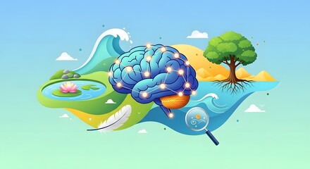 Conceptual illustration of the human brain's connection to nature, symbolizing mental health, mindfulness, and ecological psychology