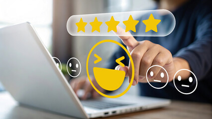 Customer satisfaction concept, user giving five star rating on digital screen, happy smiley face feedback, online review and service evaluation, business reputation management, positive client experie