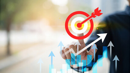 Business growth target, businessman touching digital target icon with arrow, data analytics and marketing strategy, financial success concept, upward arrows and bar chart graph