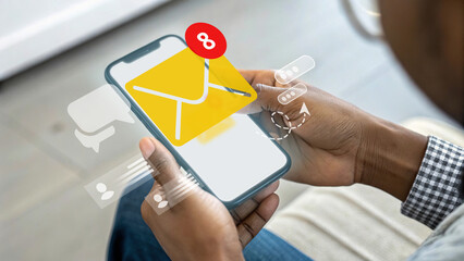 Digital communication, email notification on smartphone, new message alert, mobile marketing, person checking inbox, email marketing campaign, online messaging app, social media communication