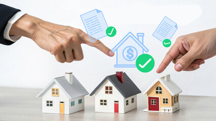 Real estate investment choice, mortgage approval, property loan agreement, house selection, business hands pointing at miniature home models, housing market decision, financial document verification, 